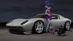 Size: 3840x2160 | Tagged: safe, artist:aryatheeditor, imported from derpibooru, sci-twi, spike, spike the regular dog, twilight sparkle, dog, equestria girls, 3d, bowtie, car, glasses, helicopter, lamborghini, lamborghini miura, ponytail, source filmmaker