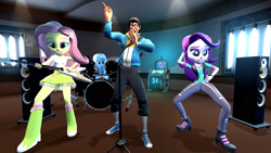 Size: 1600x900 | Tagged: safe, artist:panzerpiel, imported from derpibooru, fluttershy, starlight glimmer, trixie, human, equestria girls, 3d, bass guitar, beanie, boots, clothes, dancing, dead or alive (band), drums, gmod, guitar, hairpin, hat, high heel boots, lights, microphone, musical instrument, open mouth, scout, shoes, singing, tanktop, team fortress 2, torn clothes, you spin me right round, you spin me round (like a record) (dead or alive)