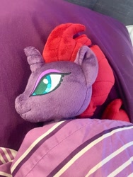 Size: 960x1280 | Tagged: safe, imported from derpibooru, photographer:fizzlepop-berrytwist, fizzlepop berrytwist, tempest shadow, cute, daaaaaaaaaaaw, happy, irl, photo, plushie, sleeping, smiling, tempestbetes