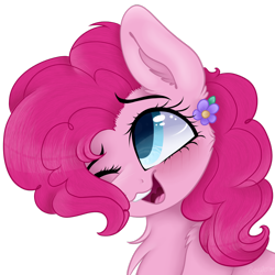 Size: 1024x1024 | Tagged: safe, artist:_spacemonkeyz_, imported from derpibooru, pinkie pie, earth pony, pony, bust, cheek fluff, chest fluff, cute, diapinkes, ear fluff, female, flower, flower in hair, fluffy, hair over one eye, mare, one eye closed, open mouth, portrait, shoulder fluff, simple background, solo, transparent background