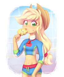 Size: 825x990 | Tagged: safe, artist:jumblehorse, deleted from derpibooru, imported from derpibooru, applejack, equestria girls, equestria girls series, applejack's hat, belly button, clothes, cowboy hat, curvy, cute, dessert, female, food, freckles, geode of super strength, hat, ice cream, jackabetes, lion lickers, midriff, popsicle, solo, stetson, swimsuit, tongue out