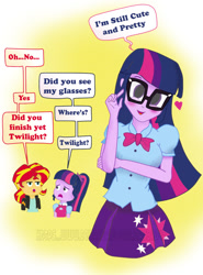 Size: 800x1080 | Tagged: safe, artist:masbro42, imported from derpibooru, sci-twi, sunset shimmer, twilight sparkle, human, equestria girls, adorkable, blushing, bowtie, broken english, clothes, cute, dialogue, dork, glasses, heart, human paradox, jacket, leather jacket, pleated skirt, ponytail, self paradox, skirt, twiabetes, twolight