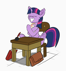 Size: 900x970 | Tagged: dead source, safe, artist:alloco, imported from derpibooru, twilight sparkle, pony, unicorn, a+, book, chair, desk, eyes closed, female, grades, happy, inkwell, mare, quill, school desk, solo, unicorn twilight