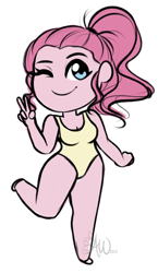 Size: 1356x2344 | Tagged: safe, artist:fairdahlia, imported from derpibooru, pinkie pie, equestria girls, alternate hairstyle, anatomically incorrect, clothes, female, incorrect leg anatomy, no nose, one eye closed, one-piece swimsuit, smiling, solo, swimsuit, wink