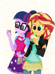 Size: 800x1080 | Tagged: safe, artist:masbro42, imported from derpibooru, sci-twi, sunset shimmer, twilight sparkle, human, equestria girls, belt, bowtie, clothes, drinking, eating, glasses, ice cendol, indonesia, jacket, leather jacket, ponytail, round tofu, skirt