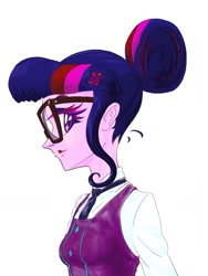 Size: 778x1033 | Tagged: safe, artist:xjleiu, imported from derpibooru, sci-twi, twilight sparkle, equestria girls, clothes, crystal prep academy uniform, cute, female, glasses, hair bun, looking back, school uniform, simple background, solo, twiabetes, vest