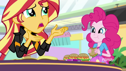 Size: 1280x720 | Tagged: safe, imported from derpibooru, screencap, pinkie pie, sunset shimmer, equestria girls, mirror magic, spoiler:eqg specials, burger, canterlot mall, female, food, geode of empathy, geode of sugar bombs, hamburger, plant