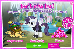 Size: 791x524 | Tagged: safe, imported from derpibooru, pony, unicorn, the mean 6, advertisement, cart, clothes, costs real money, female, gameloft, gem, hoard, mare, official