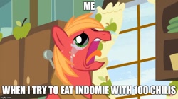 Size: 888x499 | Tagged: safe, edit, edited screencap, imported from derpibooru, screencap, big macintosh, earth pony, pony, the break up breakdown, bloodshot eyes, chili, crying, freckles, hot, image macro, indomie, meme, screaming, spicy