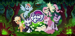 Size: 2220x1080 | Tagged: safe, imported from derpibooru, mean applejack, mean fluttershy, mean pinkie pie, mean rainbow dash, mean rarity, mean twilight sparkle, alicorn, bird, earth pony, pegasus, pony, unicorn, the mean 6, antagonist, clone, clone six, evil rainbow dash, forest, game, gameloft, gift code, loading screen, logo, mean six, my little pony logo, nest, wallpaper