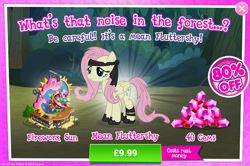 Size: 794x526 | Tagged: safe, imported from derpibooru, mean fluttershy, pegasus, pony, the mean 6, advertisement, clone, costs real money, female, firework sun, fireworks, gameloft, gem, mare, messy mane, official, sale