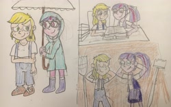 Size: 4005x2507 | Tagged: safe, artist:13mcjunkinm, imported from derpibooru, applejack, sci-twi, twilight sparkle, equestria girls, book, boots, broom, female, lesbian, raincoat, scitwijack, shipping, shoes, traditional art, twijack, umbrella, younger