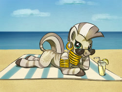 Size: 1265x953 | Tagged: safe, artist:el-yeguero, imported from derpibooru, zecora, pony, zebra, beach, beach blanket, cloud, drink, female, looking at you, mare, prone, sky, smiling, solo, sunglasses, water