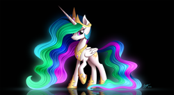 Size: 2500x1365 | Tagged: safe, artist:duskie-06, imported from derpibooru, princess celestia, alicorn, pony, black background, female, lidded eyes, looking at you, mare, reflection, signature, simple background, smiling, solo