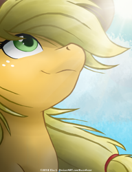 Size: 2000x2600 | Tagged: safe, artist:ravenevert, imported from derpibooru, applejack, pony, bust, cloud, female, looking up, mare, portrait, smiling, solo