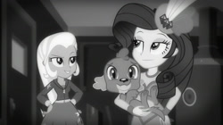 Size: 2048x1149 | Tagged: safe, imported from derpibooru, screencap, rarity, spike, spike the regular dog, trixie, dog, equestria girls, equestria girls series, rarity investigates: the case of the bedazzled boot, clothes, detective rarity, hoodie, monochrome, noir, rarity investigates (eqg): trixie