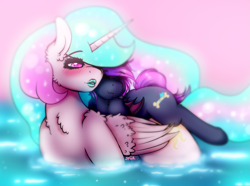 Size: 2727x2028 | Tagged: safe, artist:aaa-its-spook, imported from derpibooru, princess celestia, oc, oc:spook, demon pony, canon x oc, ethereal mane, fangs, female, glowing cutie mark, glowing mane, larger female, lesbian, lipstick, makeup, piggyback ride, shipping, size difference, swimming, water