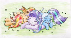 Size: 3419x1820 | Tagged: safe, artist:40kponyguy, derpibooru exclusive, imported from derpibooru, starlight glimmer, sunset shimmer, trixie, unicorn, counterparts, cuddle puddle, cuddling, cute, ear fluff, floppy ears, grass, magical trio, pony pile, sleeping, traditional art, twilight's counterparts