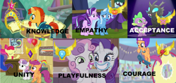 Size: 2856x1360 | Tagged: safe, imported from derpibooru, apple bloom, scootaloo, spike, starlight glimmer, sunburst, sweetie belle, thorax, trixie, acceptance, courage, crystal empire, cutie mark crusaders, elements of harmony, empathy, equestria games, generosity, honesty, kindness, knowledge, laughing, loyalty, magic, next generation, playfulness, prediction, theory, unity