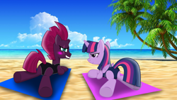 Size: 4229x2379 | Tagged: safe, artist:ejlightning007arts, imported from derpibooru, tempest shadow, twilight sparkle, alicorn, pony, unicorn, beach, blushing, butt, clothes, female, mare, one-piece swimsuit, palm tree, plot, swimsuit, tree, twilight sparkle (alicorn)