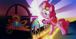 Size: 1151x587 | Tagged: safe, imported from derpibooru, pinkie pie, pony, '83, 1983, 80s, back to the future, bipedal, female, marty mcfly, official, parody, pinkie mcpie, solo, sunglasses