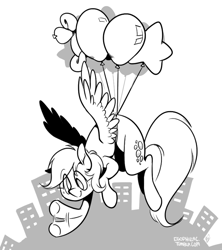 Size: 735x826 | Tagged: safe, artist:egophiliac, imported from derpibooru, derpy hooves, pegasus, pony, balloon, female, floating, flying, grayscale, mare, monochrome, smiling, solo, waving