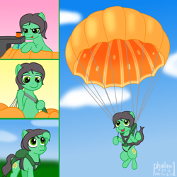 Size: 1000x1000 | Tagged: safe, artist:phallen1, imported from derpibooru, oc, oc only, oc:sadie michaels, earth pony, pony, atg 2018, comic, food, harness, newbie artist training grounds, orange, parachute, ponified, ponified oc, sequential art, sewing, sewing machine, sky, skydiving, tack