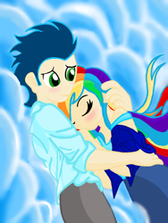 Size: 768x1024 | Tagged: safe, artist:wizardart16, imported from derpibooru, rainbow dash, soarin', human, female, hug, humanized, male, shipping, soarindash, straight