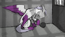 Size: 1024x576 | Tagged: safe, artist:awesomewaffle11, imported from derpibooru, oc, oc only, pegasus, pony, ball and chain, cell, jail, prison, sad, solo