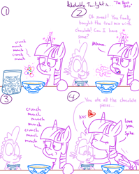 Size: 1280x1611 | Tagged: safe, artist:adorkabletwilightandfriends, imported from derpibooru, spike, twilight sparkle, alicorn, dragon, pony, comic:adorkable twilight and friends, adorkable twilight, bowl, chocolate, comic, cute, disappointed, disappointment, family, food, forehead kiss, humor, kissing, lineart, love, mama twilight, mouth, nuts, platonic kiss, pure unfiltered evil, tongue out, trail mix, twilight sparkle (alicorn), upset