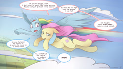 Size: 3840x2160 | Tagged: safe, artist:icychamber, imported from derpibooru, fluttershy, rainbow dash, pegasus, pony, belly button, carrying, dialogue, duo, engrish, female, flying, folded wings, mare, rainbow trail, sky, speech bubble, spread wings, wings