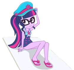 Size: 400x376 | Tagged: safe, deleted from derpibooru, editor:i-mlp2020, imported from derpibooru, sci-twi, twilight sparkle, equestria girls, equestria girls series, forgotten friendship, clothes, feet, flip-flops, sandals, schrödinger's pantsu, swimsuit