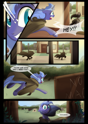 Size: 1240x1754 | Tagged: safe, artist:lunarcakez, imported from derpibooru, princess luna, oc, oc:mazzy, earth pony, pony, comic:the origins of hollow shades, cloak, clothes, comic, female, mare, s1 luna, tree