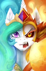 Size: 1024x1584 | Tagged: safe, artist:tomocreations, imported from derpibooru, daybreaker, princess celestia, duality, female, mare, watermark