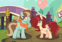 Size: 2015x1383 | Tagged: safe, artist:moon-rose-rosie, imported from derpibooru, oc, oc only, oc:chocolate sprinkles, oc:golden apple, earth pony, pony, balloon, base used, blushing, clothes, female, heart balloon, male, mare, offspring, parent:applejack, parent:caramel, parent:cheese sandwich, parent:pinkie pie, parents:carajack, parents:cheesepie, shared clothing, stallion