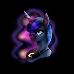 Size: 1024x1024 | Tagged: safe, artist:melodyboundless, imported from derpibooru, princess luna, alicorn, pony, black background, bust, ethereal mane, female, galaxy mane, mare, open mouth, portrait, signature, simple background, solo, starry mane