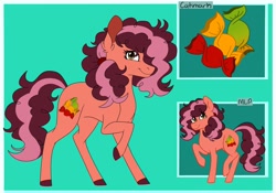 Size: 1024x715 | Tagged: safe, artist:colourstrike, imported from derpibooru, oc, oc only, oc:strawberry swirl, earth pony, pony, female, green background, hair over one eye, mare, offspring, parent:cheese sandwich, parent:pinkie pie, parents:cheesepie, raised hoof, reference sheet, simple background, solo