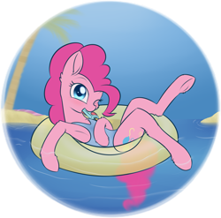 Size: 1881x1859 | Tagged: safe, artist:dusthiel, imported from derpibooru, pinkie pie, earth pony, pony, armpits, atg 2018, clothes, female, inflatable, inner tube, mare, newbie artist training grounds, one eye closed, simple background, solo, swimsuit, transparent background