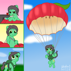 Size: 1000x1000 | Tagged: safe, alternate version, artist:phallen1, imported from derpibooru, oc, oc only, oc:sadie michaels, earth pony, pony, apple, buy some apples, comic, food, harness, parachute, ponified, ponified oc, sequential art, sewing, sewing machine, sky, skydiving