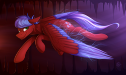 Size: 1024x614 | Tagged: safe, artist:klarapl, imported from derpibooru, oc, oc only, oc:solar flare, pegasus, pony, cavern, colored wings, commission, flying, light, looking back, male, multicolored wings, solo, stalactite, stalagmite