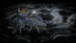 Size: 1920x1080 | Tagged: safe, artist:breadpande, imported from derpibooru, rainbow dash, pegasus, pony, female, rain, signature, solo, spread wings, thunderstorm, wet, wings