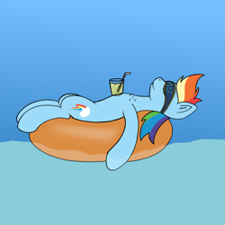 Size: 1000x1000 | Tagged: safe, artist:redquoz, imported from derpibooru, rainbow dash, pony, atg 2018, drink, female, floating, inflatable, mare, newbie artist training grounds, smiling, solo, water