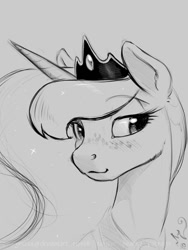 Size: 900x1200 | Tagged: safe, artist:amarynceus, imported from derpibooru, princess luna, alicorn, pony, bust, crown, ethereal mane, female, freckles, jewelry, mare, monochrome, regalia, signature, simple background, sketch, smiling, solo, starry mane