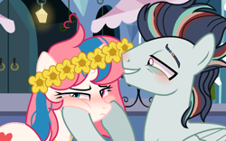 Size: 1228x768 | Tagged: safe, artist:moon-rose-rosie, imported from derpibooru, oc, oc only, oc:osphasi, oc:rainbow tornado, earth pony, pegasus, pony, base used, female, floral head wreath, flower, male, mare, squishy cheeks, stallion, unamused