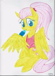 Size: 2550x3499 | Tagged: safe, artist:taurson, imported from derpibooru, fluttershy, pegasus, pony, alternate hairstyle, atg 2018, clothes, female, food, holding, ice cream, looking at you, mare, markers, newbie artist training grounds, one-piece swimsuit, simple background, sitting, solo, swimsuit, traditional art, white background, wing hands, wings