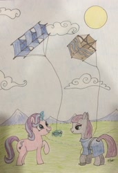 Size: 1024x1496 | Tagged: safe, artist:iistarshineii, imported from derpibooru, maud pie, starlight glimmer, earth pony, pony, unicorn, glowing horn, kite, kite flying, smiling, traditional art
