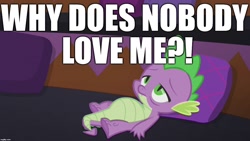 Size: 1280x720 | Tagged: safe, edit, edited screencap, editor:useraccount, imported from derpibooru, screencap, spike, abuse, background pony strikes again, downvote bait, go to sleep garble, image macro, meme, op is a duck, op is trying to start shit, sad, shitposting, spikeabuse
