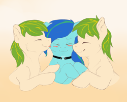 Size: 2000x1600 | Tagged: safe, artist:crysome-somecry, imported from derpibooru, oc, oc only, oc:white night, blushing, choker, female, green hair, licking, male, mare, smiling, stallion, tongue out, trio