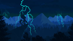 Size: 1920x1080 | Tagged: safe, artist:probaldr, imported from derpibooru, tempest shadow, pony, unicorn, broken horn, cliff, female, forest, hooves, horn, lightning, lineless, mare, mountain, rain, raised hoof, scenery, silhouette, solo, thunderstorm, tree, wallpaper