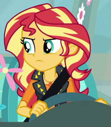 Size: 507x578 | Tagged: safe, imported from derpibooru, screencap, sunset shimmer, driving miss shimmer, equestria girls, equestria girls series, cropped, driving miss shimmer: fluttershy, female, fluttershy's car, geode of empathy, magical geodes, seatbelt, solo, steering wheel